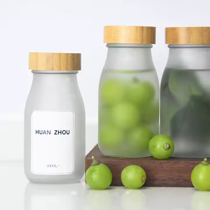 Custom 7oz Empty Round Matte Beverage Milk Fruit Juice Kombucha Drinking Glass Bottles Wooden Cap 200ml