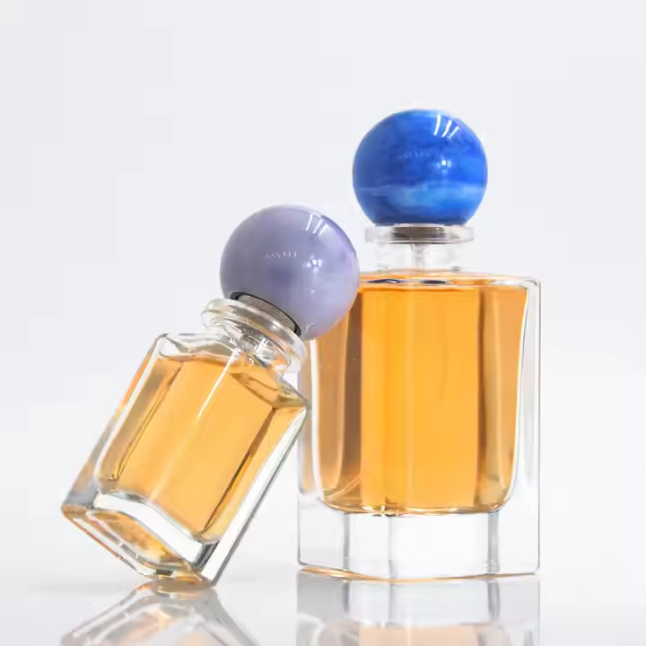 New Style Various Perfume Bayonet Bottle Cylinder Thick Bottom 30ml 100ml Glass Perfume Bottle with Blue Round Ball Cover