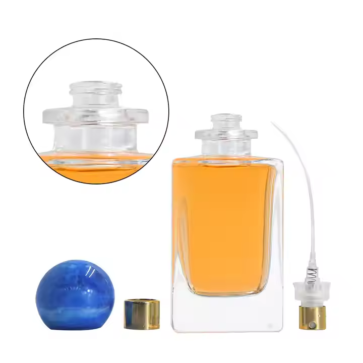 New Style Various Perfume Bayonet Bottle Cylinder Thick Bottom 30ml 100ml Glass Perfume Bottle with Blue Round Ball Cover