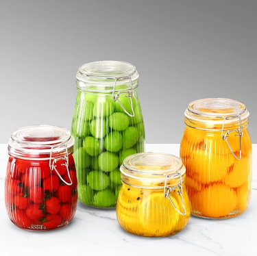Wholesale 500ml 750ml 1000ml 1500ml Vertical Stripes Airtight Food Storage Glass Container Glass Jar With Swing Top