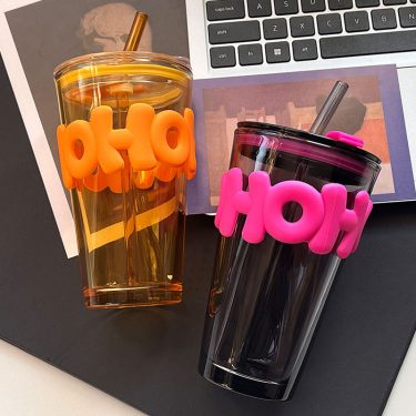 350ml 450ml Amber Dark Gray Straight Round Shape Glass Straw Water Bottle Beautiful Coffee Glass Cup Summer Refreshing Drinkware