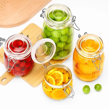 Wholesale 500ml 750ml 1000ml 1500ml Vertical Stripes Airtight Food Storage Glass Container Glass Jar With Swing Top