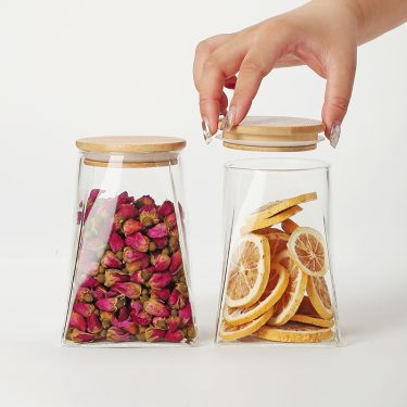 350ml 550ml 750ml 950ml Clear Empty Square Bottom Round Mouth Glass Sealed Container Food Storage Glass Jar with Bamboo Lid