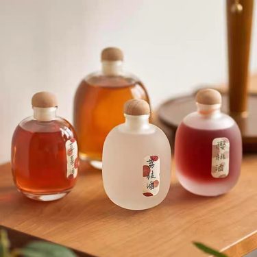 250ml 350ml 500ml Transparent Frosted Round Big Belly Fruit Wine Glass Beverage Bottle with Cork