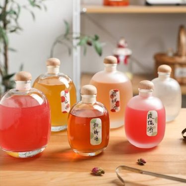 250ml 350ml 500ml Transparent Frosted Round Big Belly Fruit Wine Glass Beverage Bottle with Cork