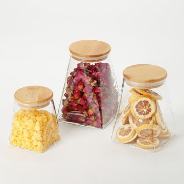 350ml 550ml 750ml 950ml Clear Empty Square Bottom Round Mouth Glass Sealed Container Food Storage Glass Jar with Bamboo Lid