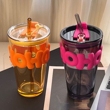 350ml 450ml Amber Dark Gray Straight Round Shape Glass Straw Water Bottle Beautiful Coffee Glass Cup Summer Refreshing Drinkware