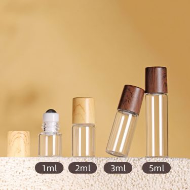 Wholesale Wood Grain Cover 1ml 2ml 3ml 5ml Mini Transparent Roller Ball Glass Bottle for Essential Oil Perfume Packaging
