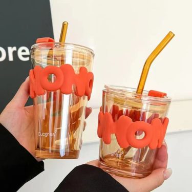 350ml 450ml Amber Dark Gray Straight Round Shape Glass Straw Water Bottle Beautiful Coffee Glass Cup Summer Refreshing Drinkware
