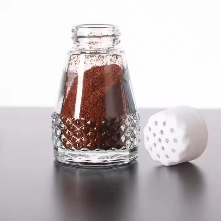 Glass Spice Jar with White Sprinkle Cap Diamond Pattern Salt Pepper Shaker for Kitchen Dining Room 50ml Small Seasoning Bottle