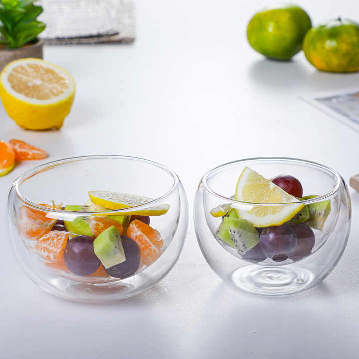 Double Walled Insulated Thermo Glass Bowl for Salad Cream Sugar 300ml 500ml Glass Bowl for Kitchen