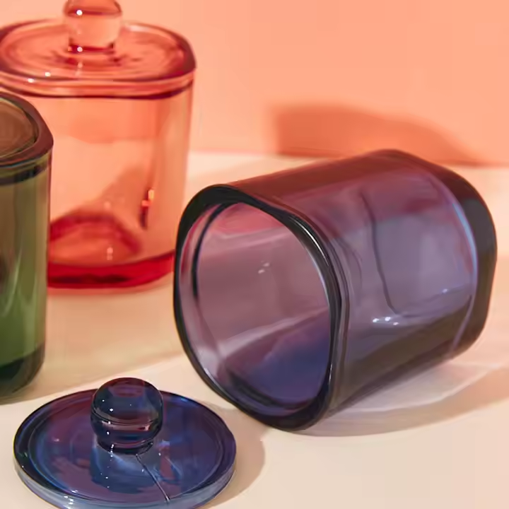 Customized High Quality Square Luxury Colorful Decorating Glass Candle Container Design Jar With Glass Lid