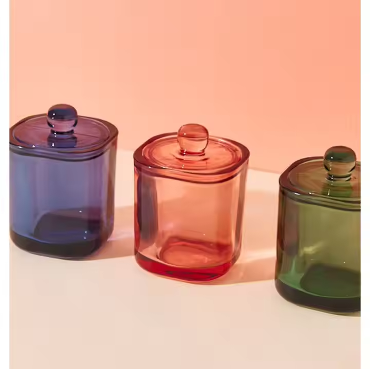 Customized High-Quality Square Luxury Colorful Decorating Glass Candle Container with Glass Lid