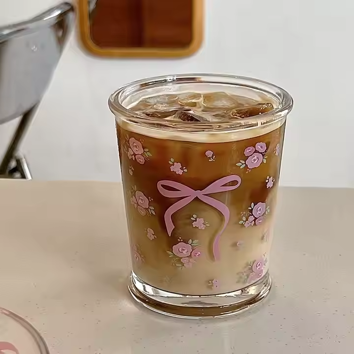 Teenage Cute style, new floral pattern French rose glass cups, couple breakfast cups Glass Bow Floral Couple Milk Coffee
