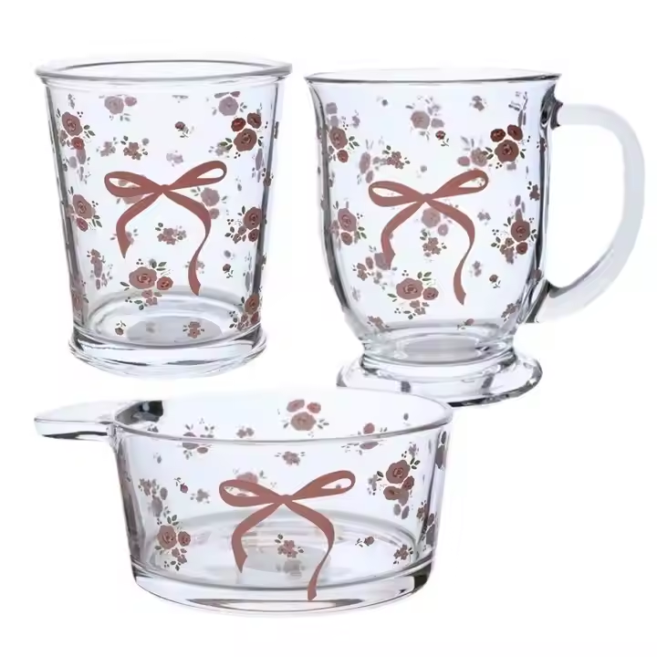 Teenage Cute style, new floral pattern French rose glass cups, couple breakfast cups Glass Bow Floral Couple Milk Coffee
