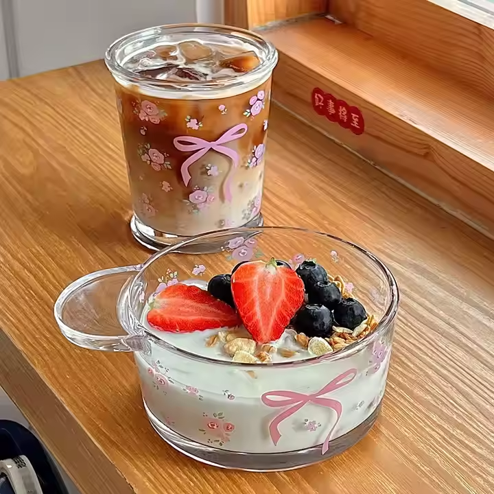 Teenage Cute style, new floral pattern French rose glass cups, couple breakfast cups Glass Bow Floral Couple Milk Coffee