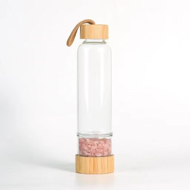 Manufacturers Supply 500ml Natural Crystal Gravel Energy Glass Water Bottle Glass Drinkware with Bamboo Lid and Handle Rope