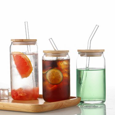 16oz 20oz Large Capacity Transparent Coffee Cup Milk Juice Cold Drink High Borosilicate Glass Cup with Straw and Bamboo Lid
