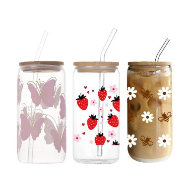 16oz High-value Custom Printed Creative Glass Cola Cup with High Borosilicate Glass Water Bottle Glass Beverage with Bamboo Lid