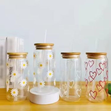 16oz High-value Custom Printed Creative Glass Cola Cup with High Borosilicate Glass Water Bottle Glass Beverage with Bamboo Lid