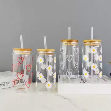 16oz High-value Custom Printed Creative Glass Cola Cup with High Borosilicate Glass Water Bottle Glass Beverage with Bamboo Lid