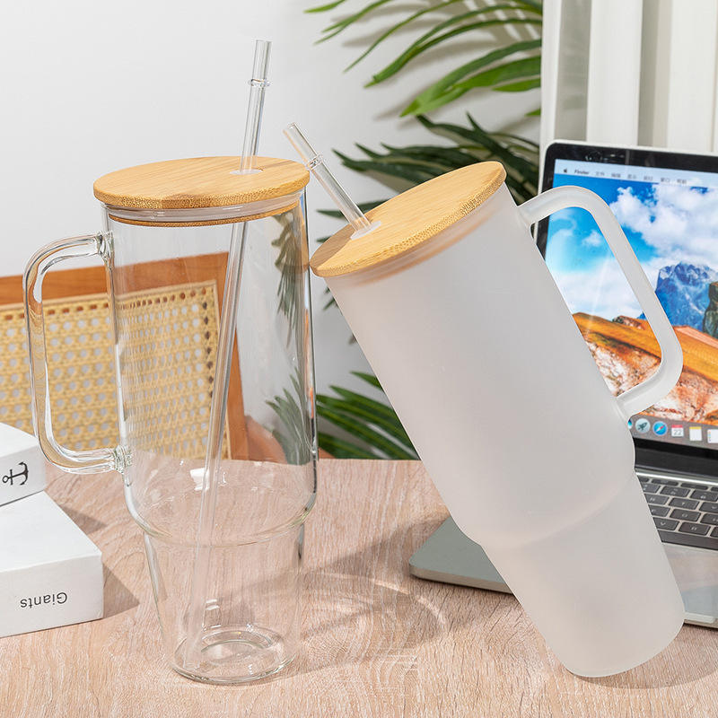 New Arrival Blank Sublimation 40oz Glass Frosted clear Travel Mug Beer Glass Tumbler with Bamboo Lid and Straw for DIY