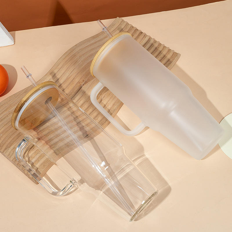 New Arrival Blank Sublimation 40oz Glass Frosted clear Travel Mug Beer Glass Tumbler with Bamboo Lid and Straw for DIY