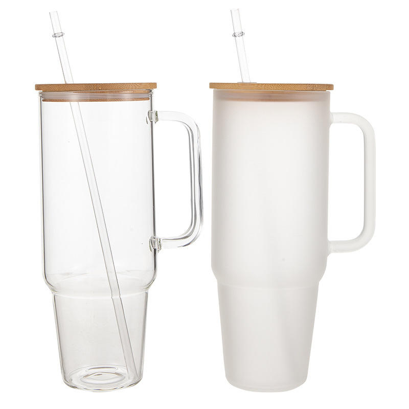 New Arrival Blank Sublimation 40oz Glass Frosted clear Travel Mug Beer Glass Tumbler with Bamboo Lid and Straw for DIY