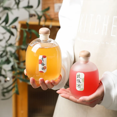 Wholesale 100ml 250ml 500ml Round Big Belly Transparent Custom Frosted Fruit Wine Glass Bottle with Cork Stopper