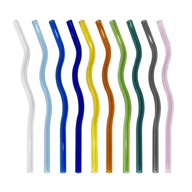 Wholesale Colorful Wavy 7*195mm 8*200mm High Borosilicate Glass Straw Reusable Drinking Tool Bar Accessories for Drinkware