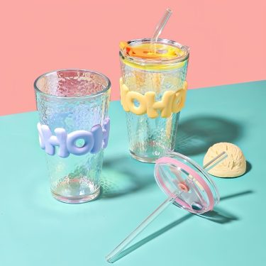 450ml Transparent Colorful Water Ripple Portable Heat-resistant Glass Straw Cup for Outdoor Travel Drinking Glass Bottle