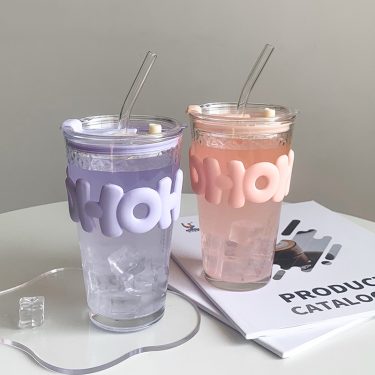 450ml Transparent Colorful Water Ripple Portable Heat-resistant Glass Straw Cup for Outdoor Travel Drinking Glass Bottle