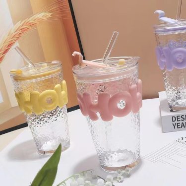 450ml Transparent Colorful Water Ripple Portable Heat-resistant Glass Straw Cup for Outdoor Travel Drinking Glass Bottle