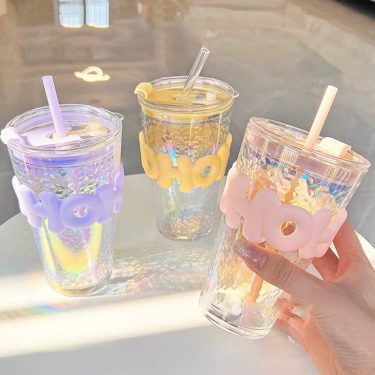 450ml Transparent Colorful Water Ripple Portable Heat-resistant Glass Straw Cup for Outdoor Travel Drinking Glass Bottle