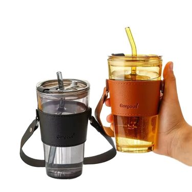 450ml clear Amber Gray Heat-resistant Glass Straw Cup with Portable Insulated Leather Case for Outdoor Travel Glass Drinkware