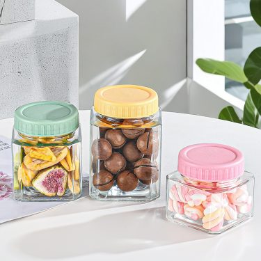 Wholesale 250ml 380ml 500ml Transparent Square Wide Mouth Sealed Glass Jar with Colorful Plastic Screw Lid
