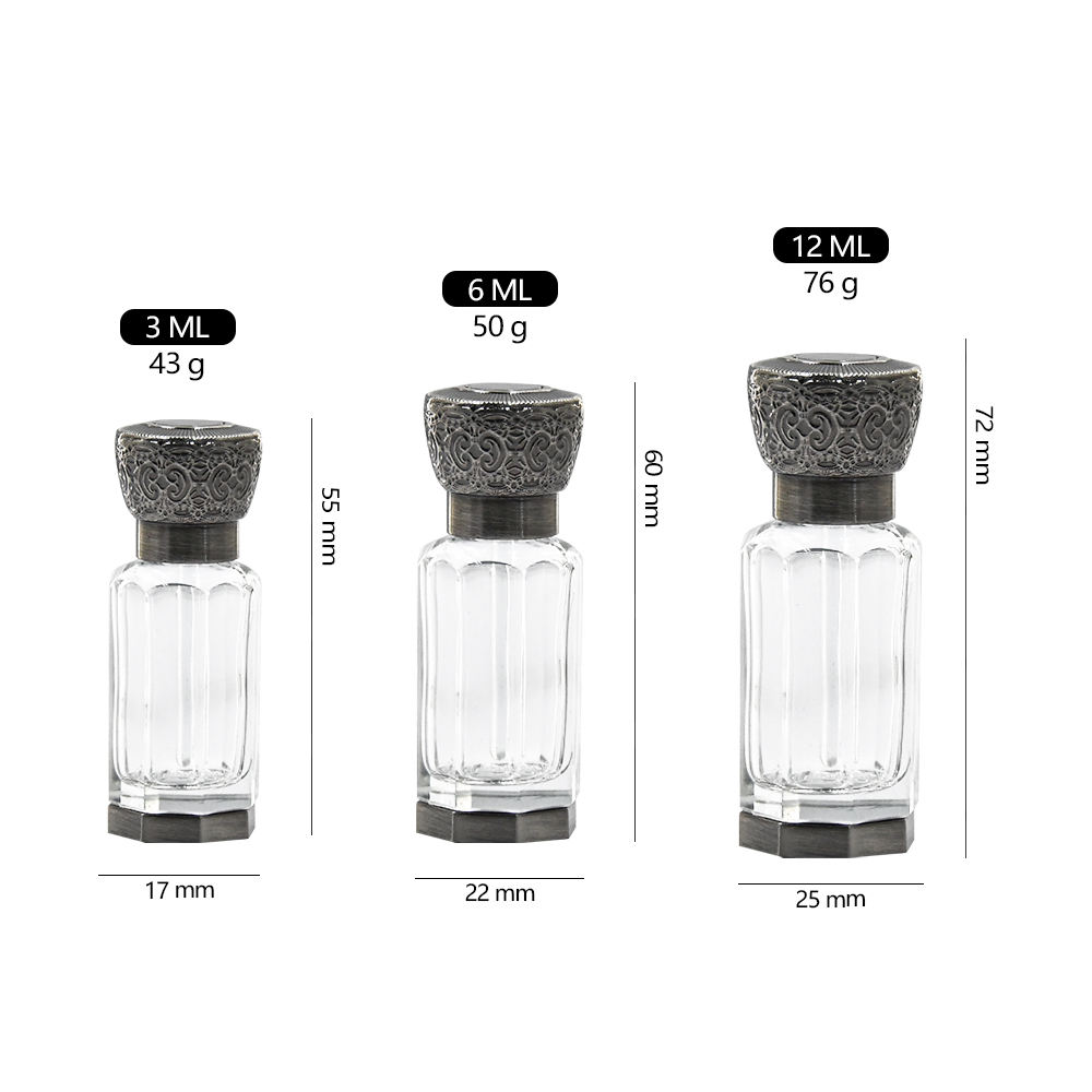 3ml 6ml 12ml Luxurious Zinc Alloy Screw Cap Arab Arabian Octagonal Tola Polished Clear Glass Essential Oil Bottles