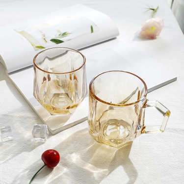 300ml High Quality Transparent Amber Grey Hexagonal Handle Cup Household Coffee Milk Juice Glass Water Cup Glass Drinkware