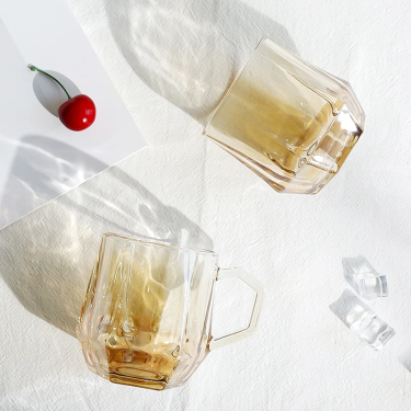 300ml High Quality Transparent Amber Grey Hexagonal Handle Cup Household Coffee Milk Juice Glass Water Cup Glass Drinkware