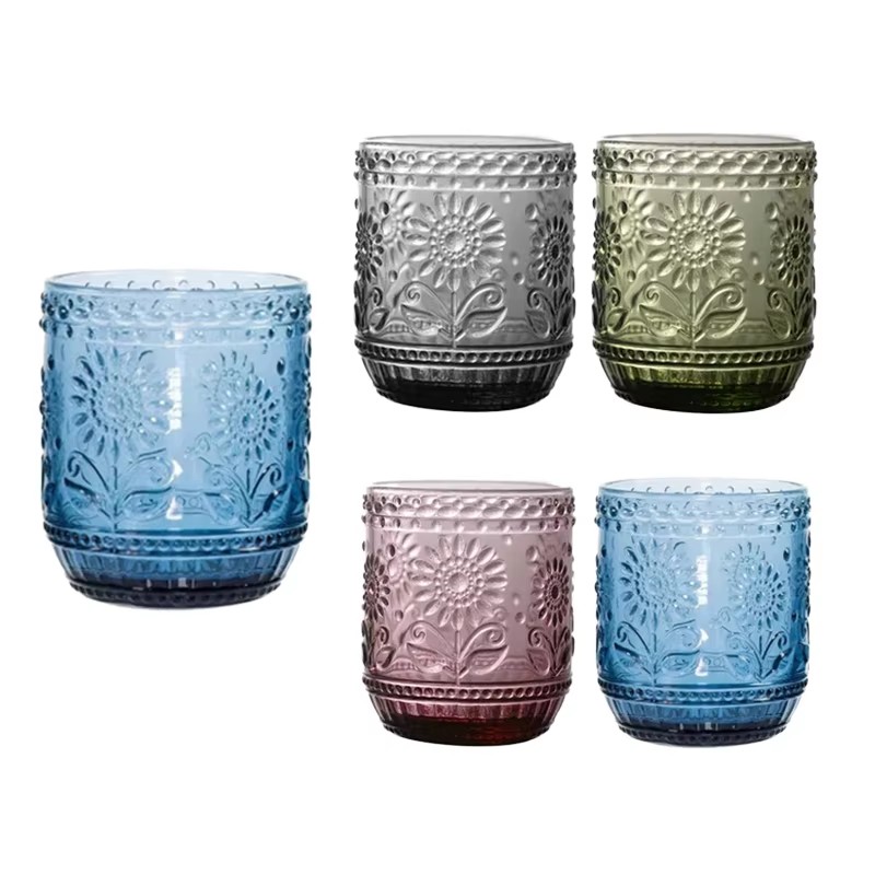 Hot Pink Blue Green Grey Color Vintage Embossed Relief Glass Water Cup Whiskey Cocktail Glass