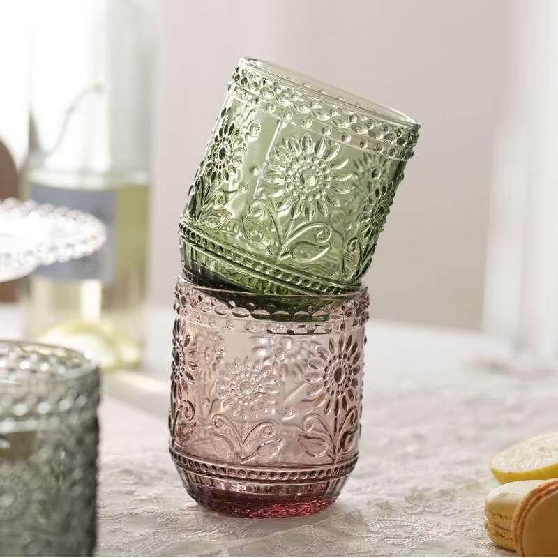 Hot Pink Blue Green Grey Color Vintage Embossed Relief Glass Water Cup Whiskey Cocktail Glass