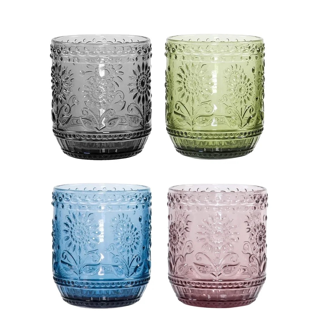 Hot Pink Blue Green Grey Color Vintage Embossed Relief Glass Water Cup Whiskey Cocktail Glass