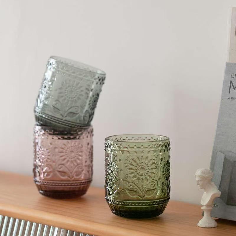 Hot Pink Blue Green Grey Color Vintage Embossed Relief Glass Water Cup Whiskey Cocktail Glass