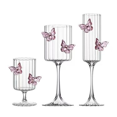 Luxury 3D Pink Butterfly Clear Glass Goblet Vertical Stripes Embossed Wine Cocktail Goblet for Party Wedding Valentine’s Day