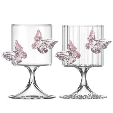 Luxury 3D Pink Butterfly Clear Glass Goblet Vertical Stripes Embossed Wine Cocktail Goblet for Party Wedding Valentine’s Day