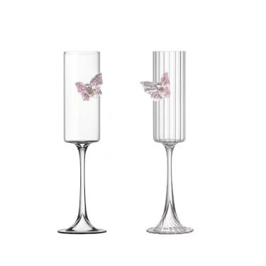 Luxury 3D Pink Butterfly Clear Glass Goblet Vertical Stripes Embossed Wine Cocktail Goblet for Party Wedding Valentine’s Day