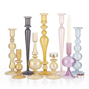 Hot Sale European Style Long Glass Taper Candlestick Colored Glass Candle Holder for Table Decorative