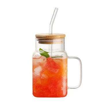 550ml 620ml Transparent Amber Square Small Mouth Borosilicate Glass Beverage Cup with Bamboo Lid and Glass Straw