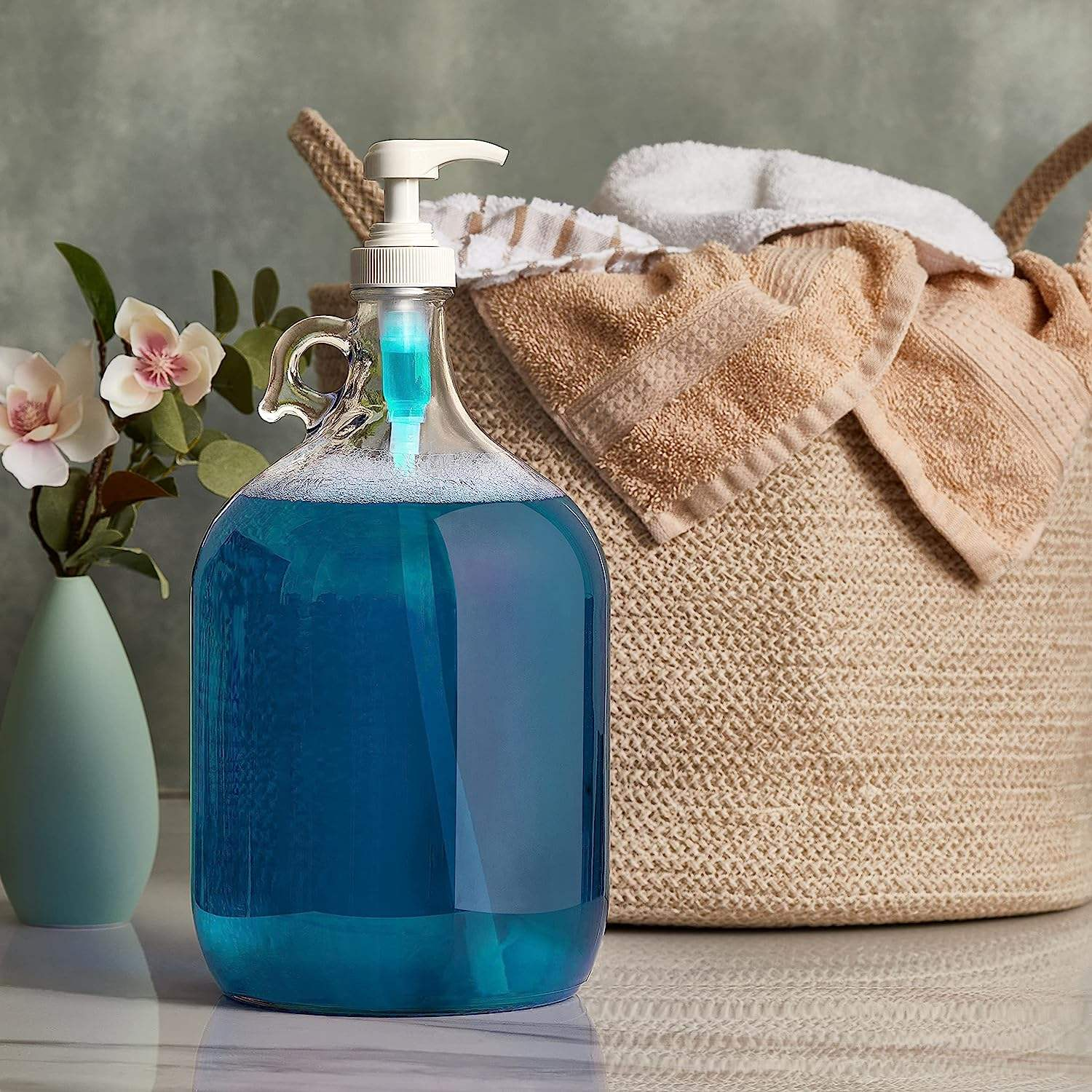 1G Clear Glass Jug W/Pump (1 Pack) Laundry Liquid Detergent Dispenser Laundry Room Laundry Detergent Dispenser 1Gallon Glass Jar