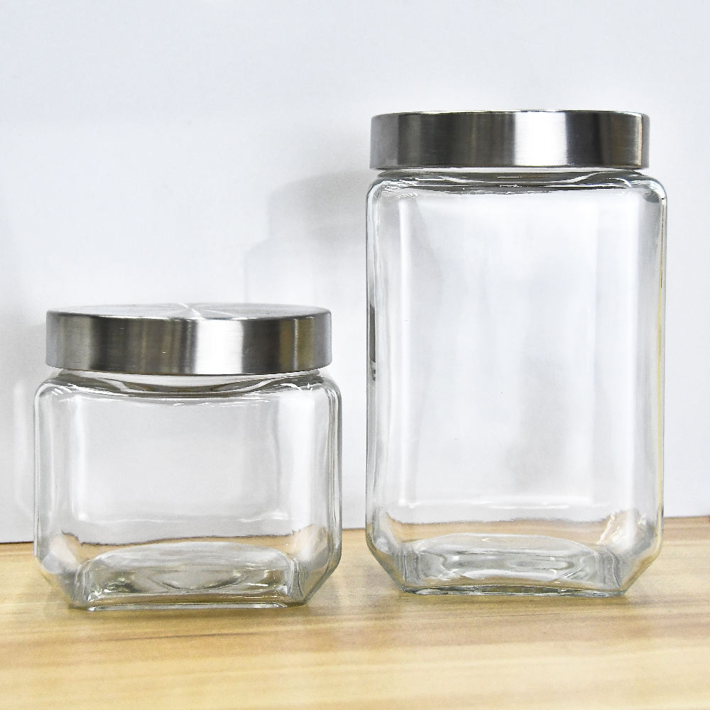 New Fashion Design Kitchen Straight Round Storage Glass Container Food Storage Jar Square Lid